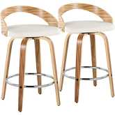 Grotto 26" Swivel Counter Stool in Zebra Wood & White Leatherette with Chrome Footrest (Set of 2)